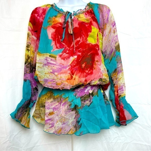 Muska bySienna Rose Sheer Top Beaded Sequin Neck‎ Tie Embellishment Floral Sz.Sm